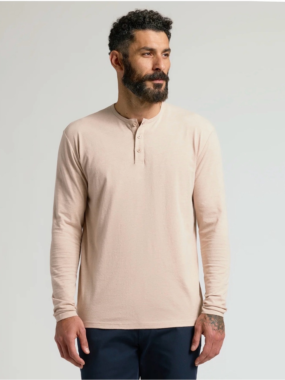 True Classic Long-Sleeve Henley Shirt in Light Beige